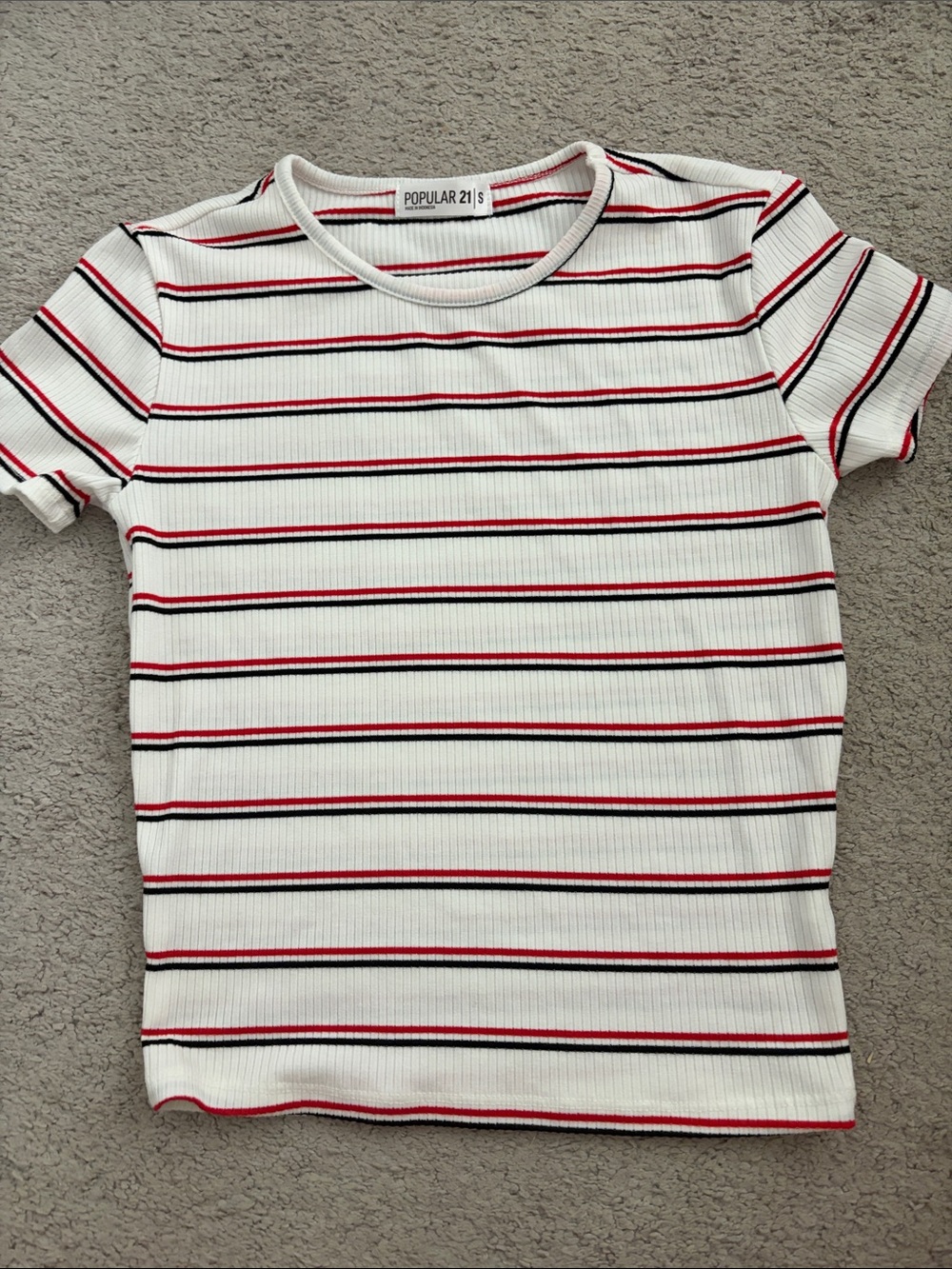Popular 21 White Ribbed Short Sleeve Tee with Red & Black Stripes